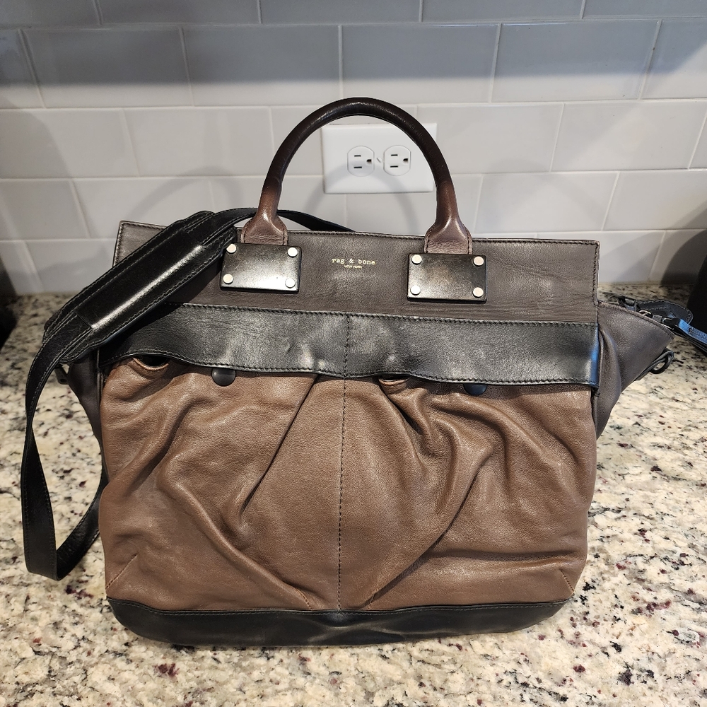 Rag & Bone Brown Mocha and Black Lambskin Leather Tote Pilot Bag
